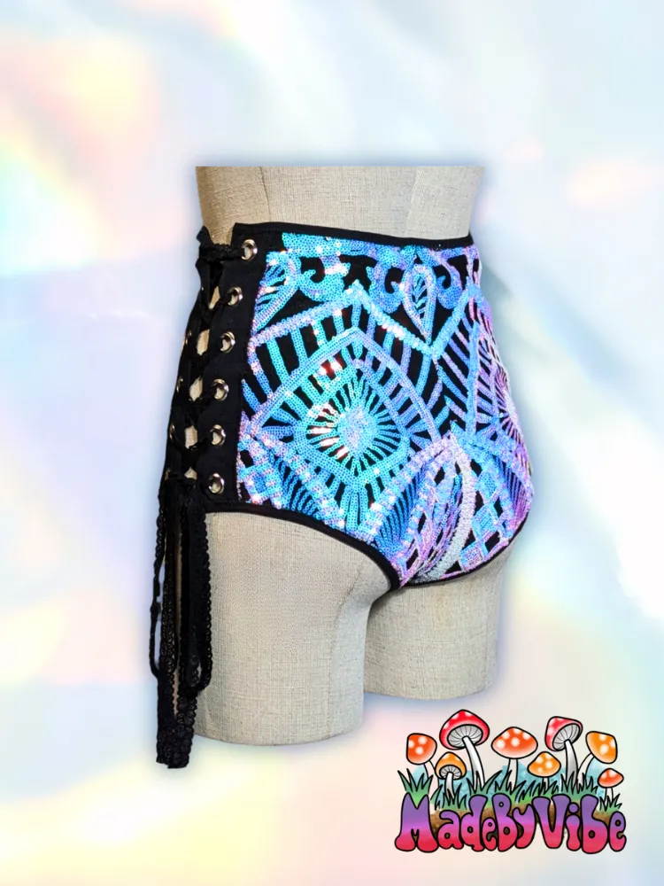 Opal Treasure Sequin High Waisted Side lace Booty Shorts - Ready to Ship