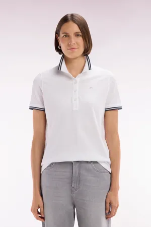 Polo à manches courtes en piqué de coton Pima blanc détails rayés coupe droite