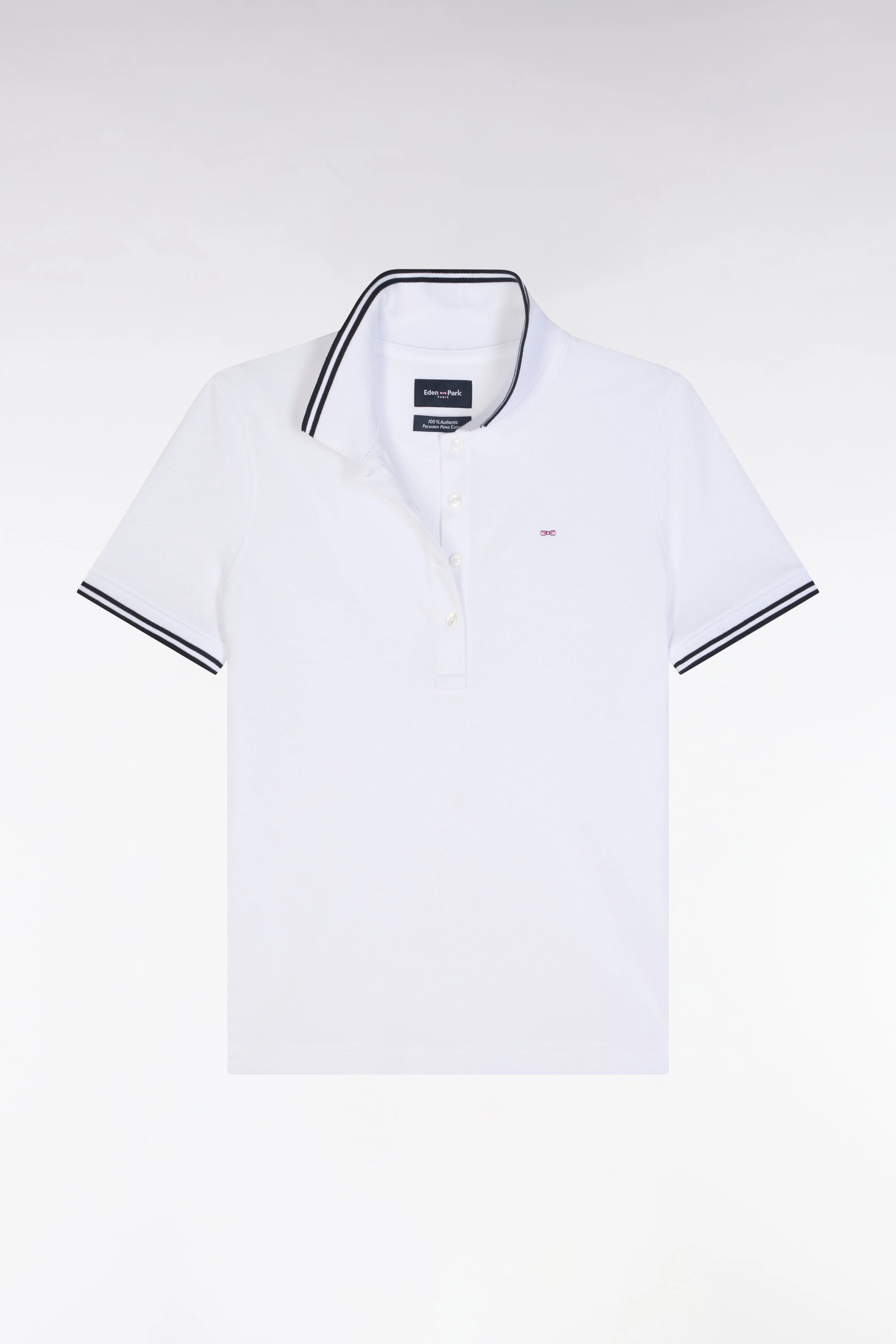 Polo à manches courtes en piqué de coton Pima blanc détails rayés coupe droite