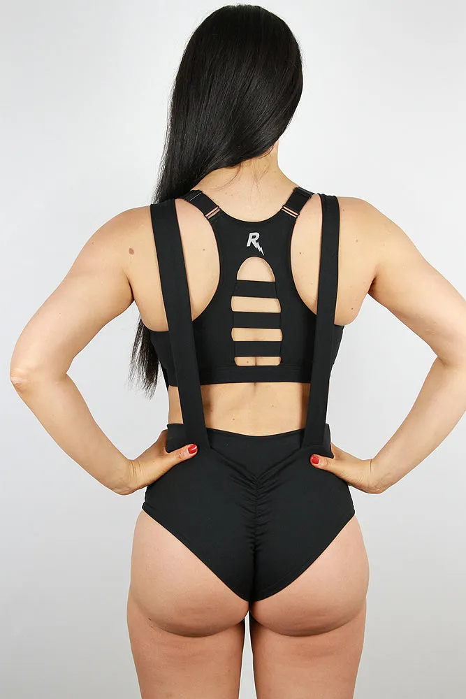 Rarr Matte Black Suspender Scrunch Bum Shorts