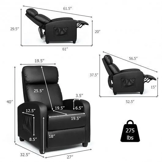 Recliner Massage Winback Single Chair with Side Pocket-Black - Color: Black
