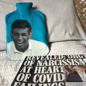 Rishi Sunak funny hot water bottle cover.