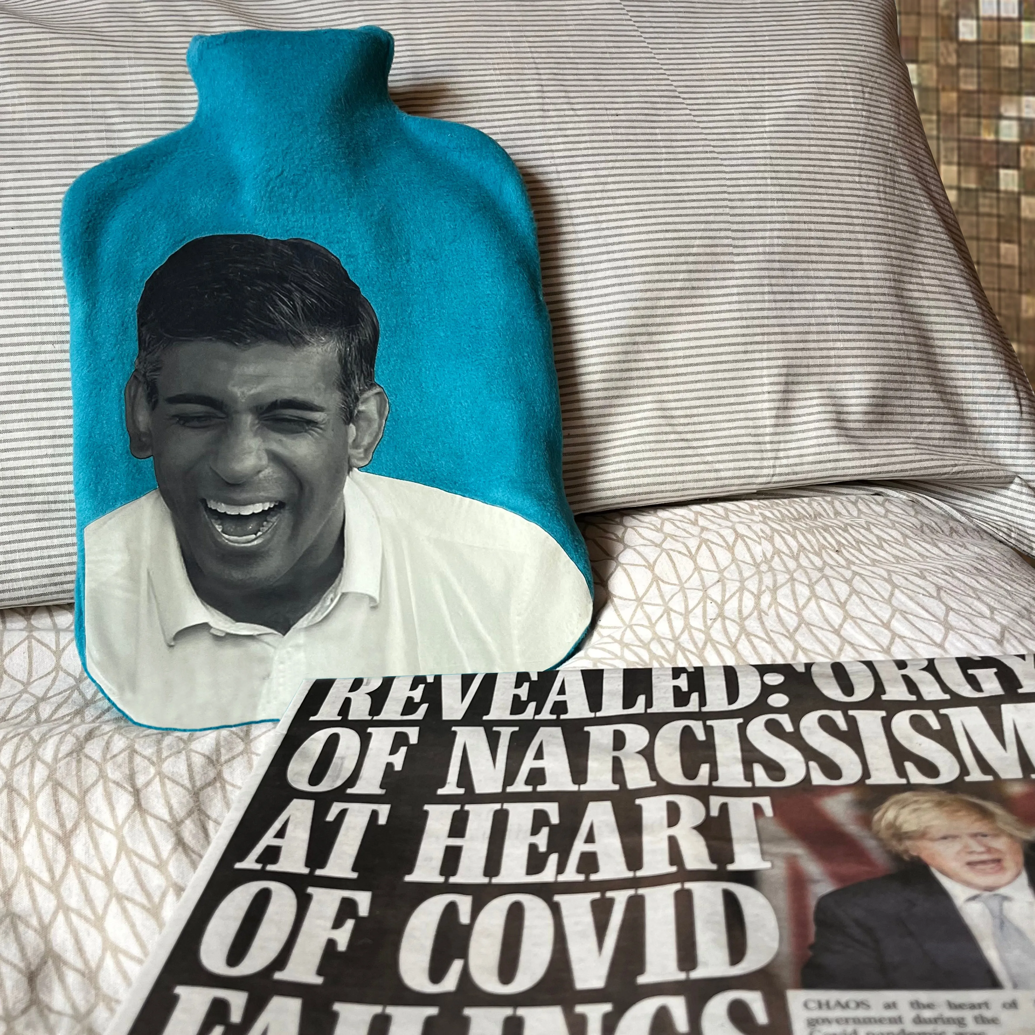 Rishi Sunak funny hot water bottle cover.