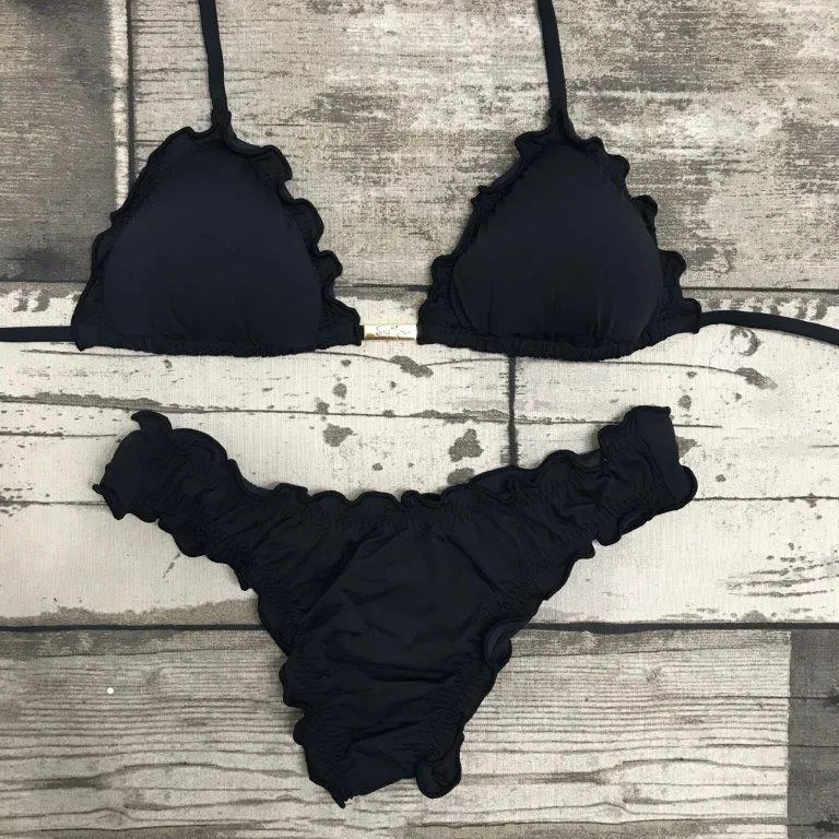 Ruffled Fixed Bikini Set - Black