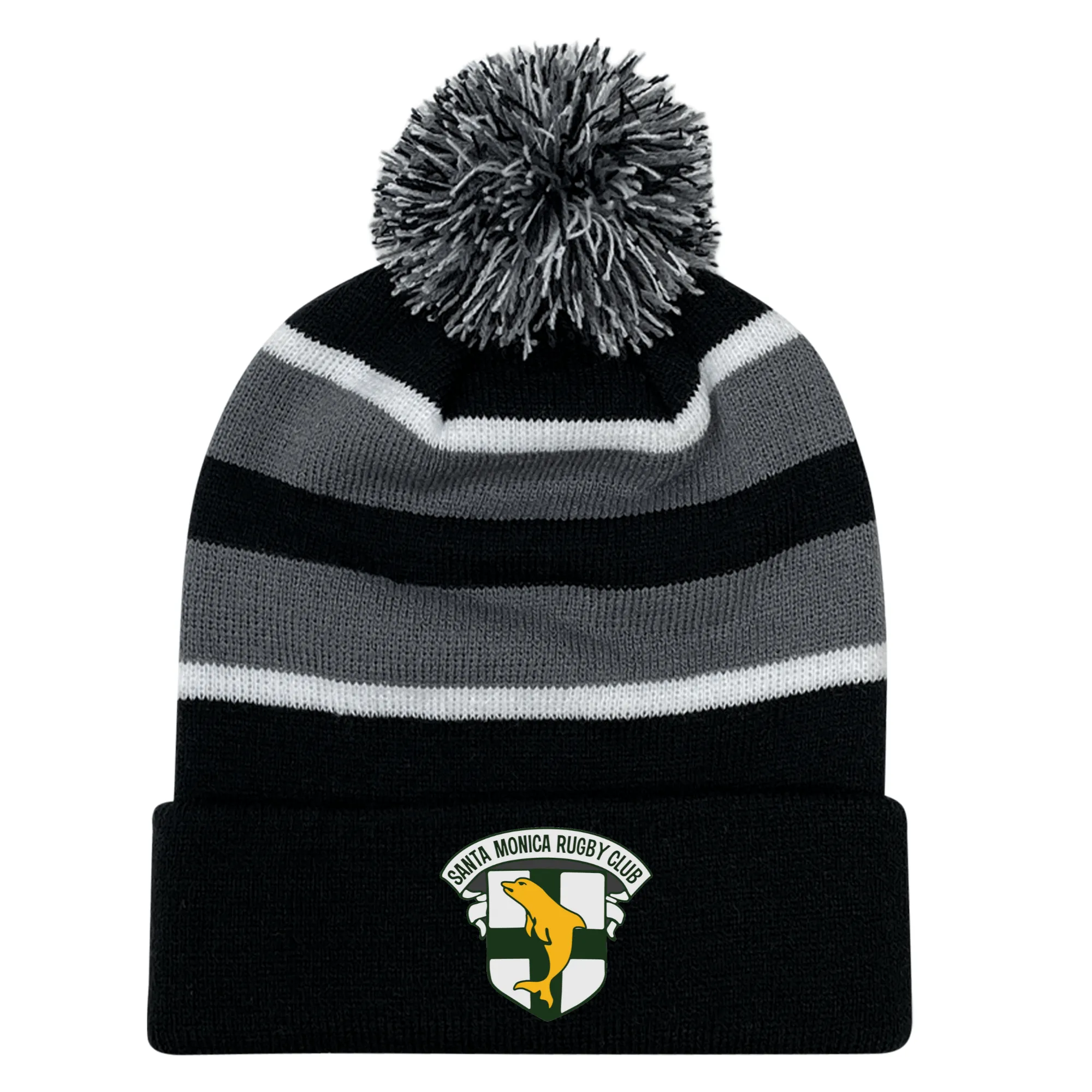 Santa Monica Rugby Club Hooped Knit Fold Over Pom-Pom Beanie