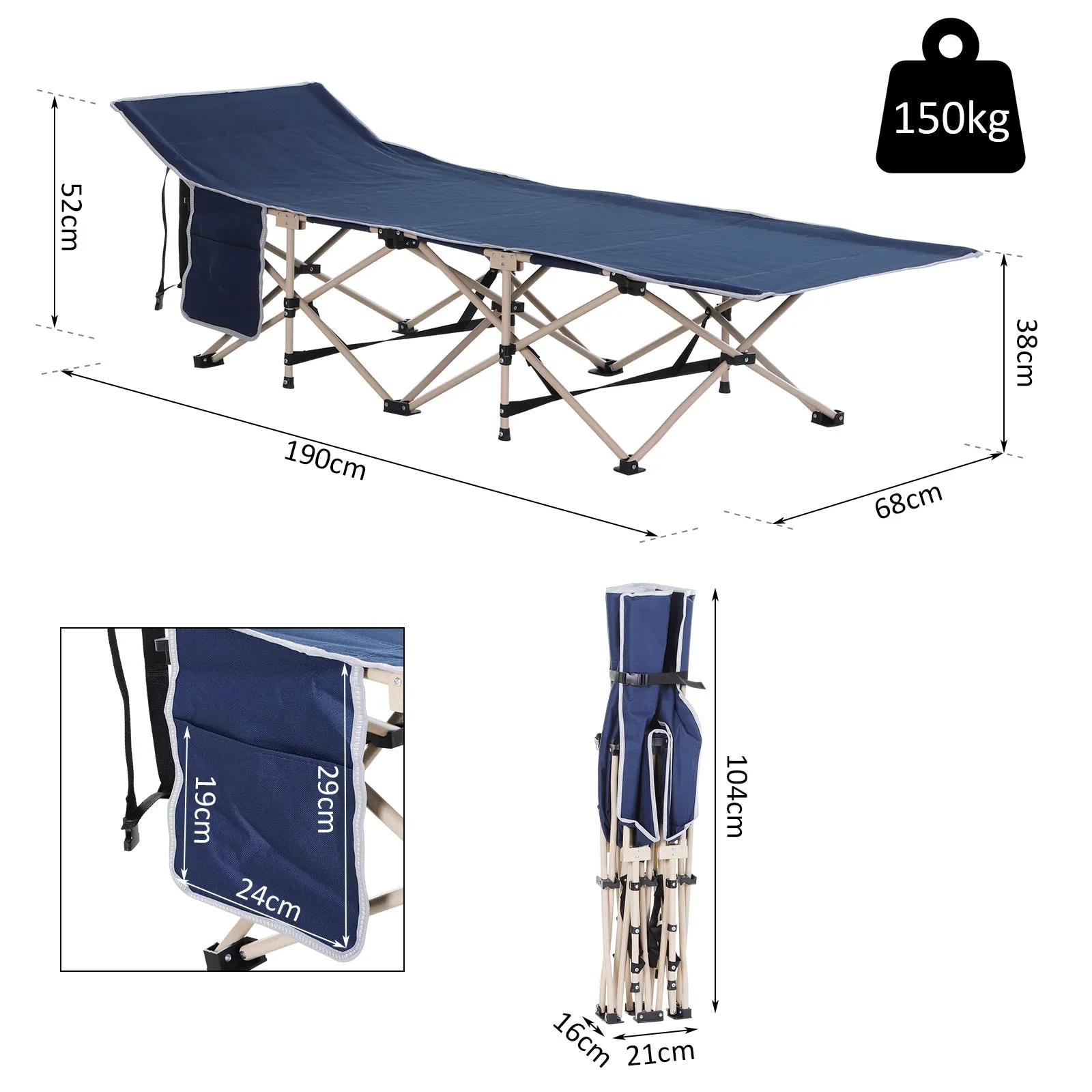 Single Person Camping Bed Folding Cot Outdoor Patio Portable Military Sleeping Bed Travel Guest Leisure Fishing with Side Pocket and Carry Bag - Blue