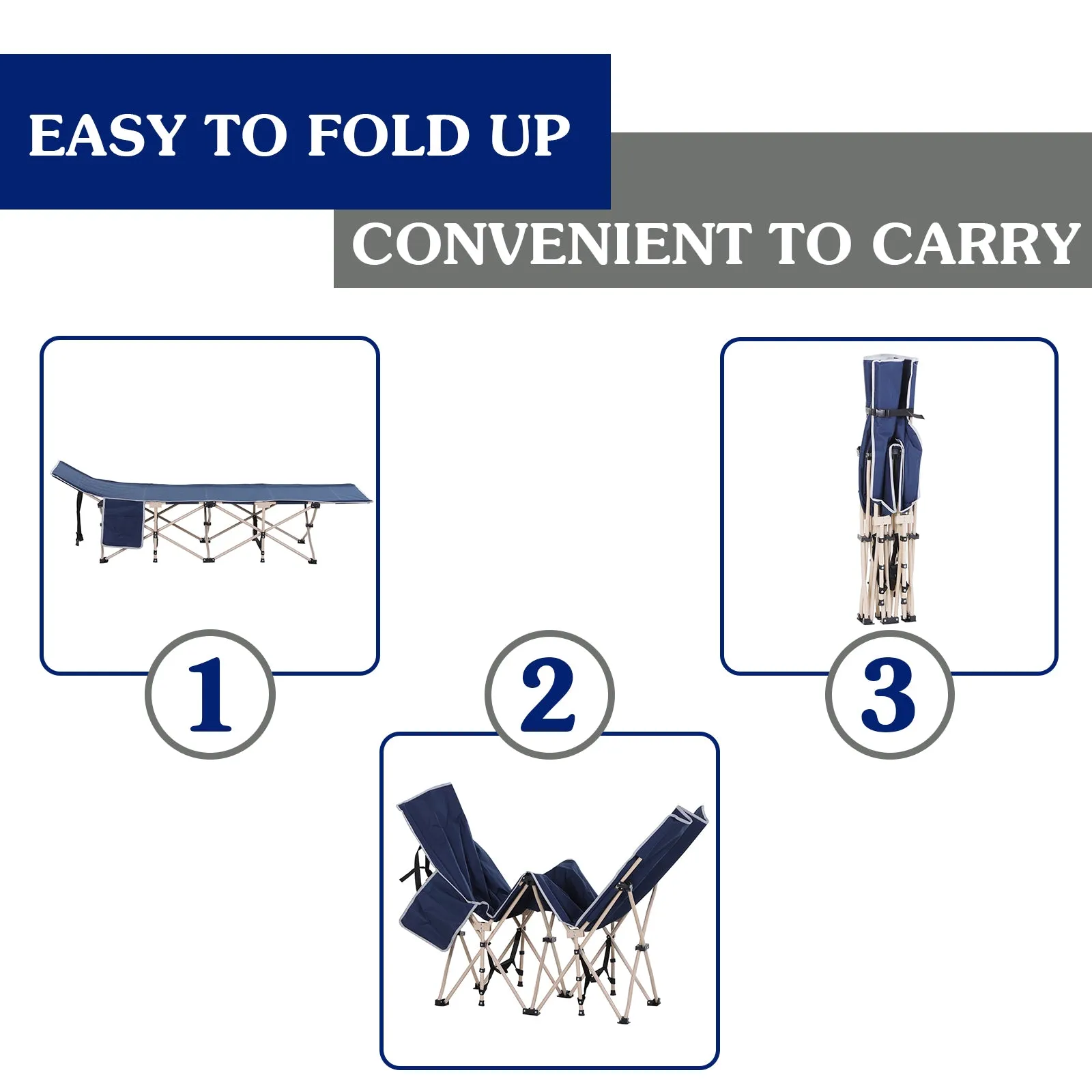 Single Person Camping Bed Folding Cot Outdoor Patio Portable Military Sleeping Bed Travel Guest Leisure Fishing with Side Pocket and Carry Bag - Blue
