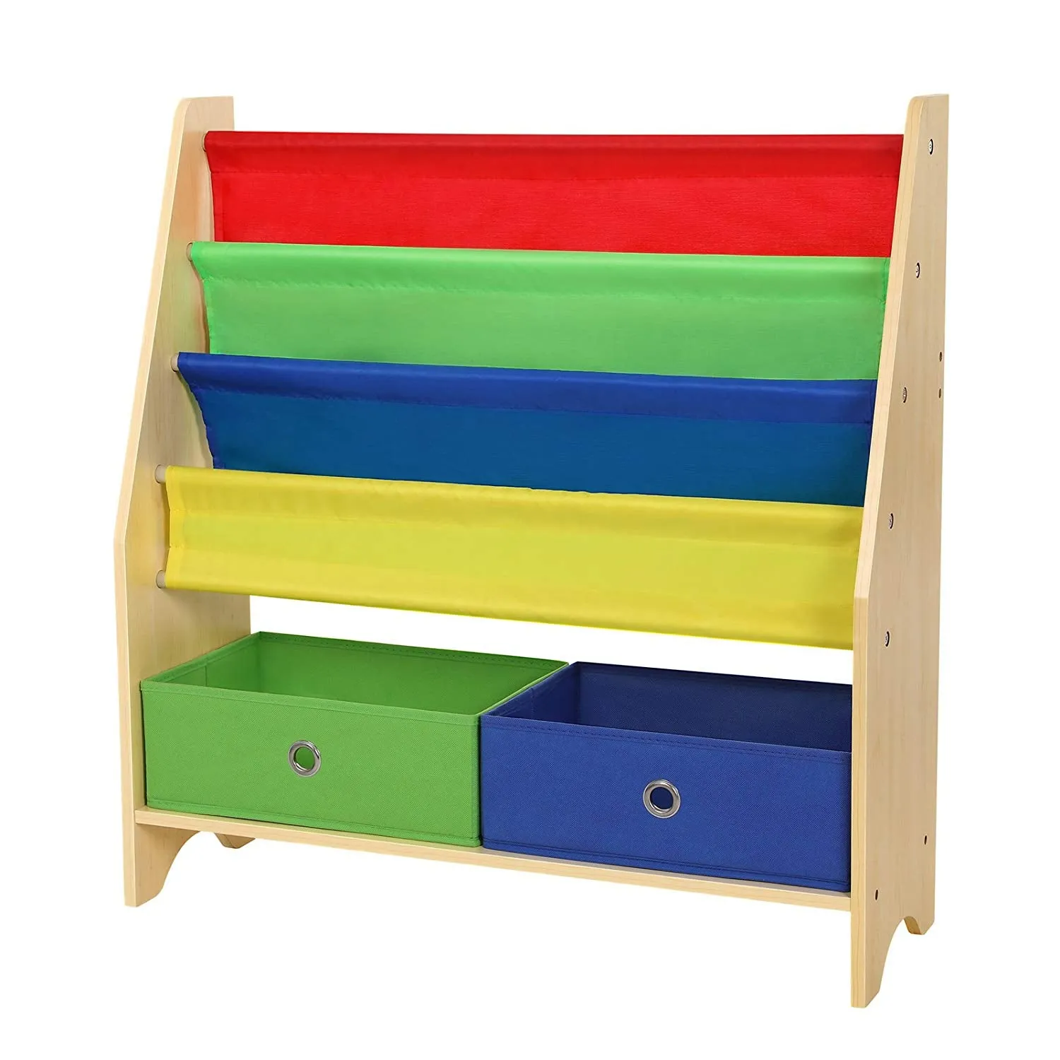 SONGMICS Children’s Book Shelves with Toy Storage Bins, 4 Tier Fabric Bookcase, Includes Anti-toppling Straps, Wooden Board Frame UGKR24Y