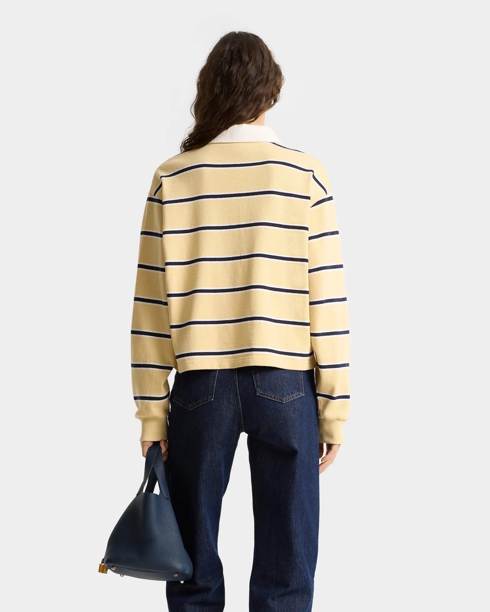 Sporty & Rich Serif Logo Cropped Rugby Polo in Almond/Dark Navy/White
