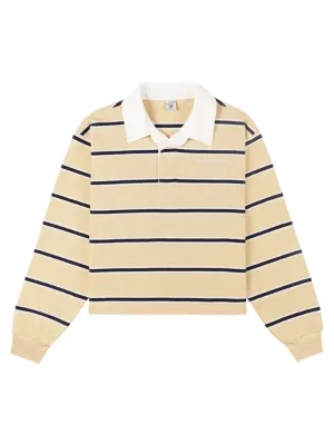 Sporty & Rich Serif Logo Cropped Rugby Polo in Almond/Dark Navy/White
