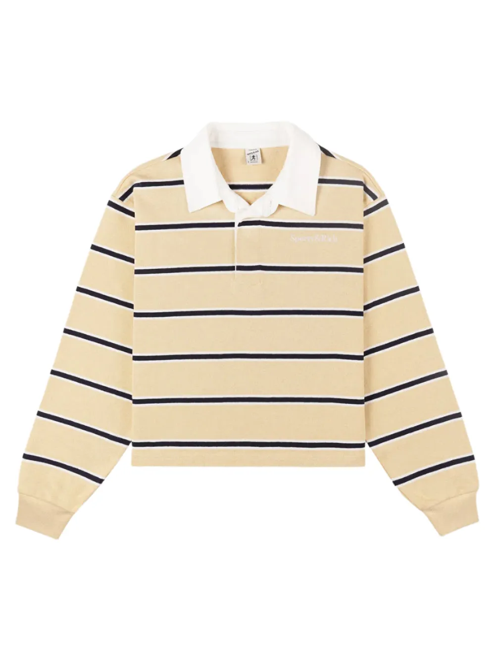 Sporty & Rich Serif Logo Cropped Rugby Polo in Almond/Dark Navy/White