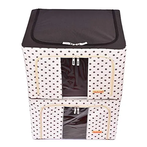 Stackable Storage Box Polka Dots Oxford Cloth Steel Frame Shelf Quilt Clothing Blanket Pillow Shoe Holder Container Organizer See-Through Window Double Zipper Folding (2 Pack x 66L)