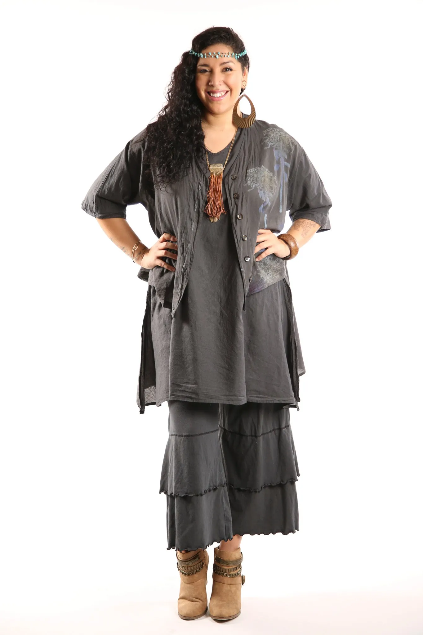 Striped Button Camp Top Black 2285-P