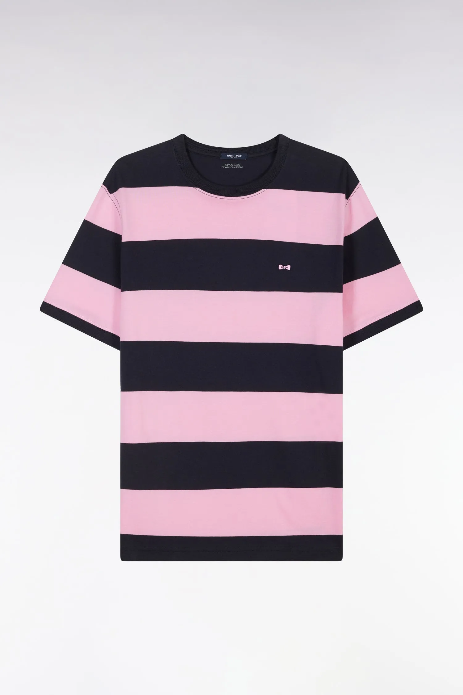 T-shirt cerclé en coton Pima marine et rose coupe droite