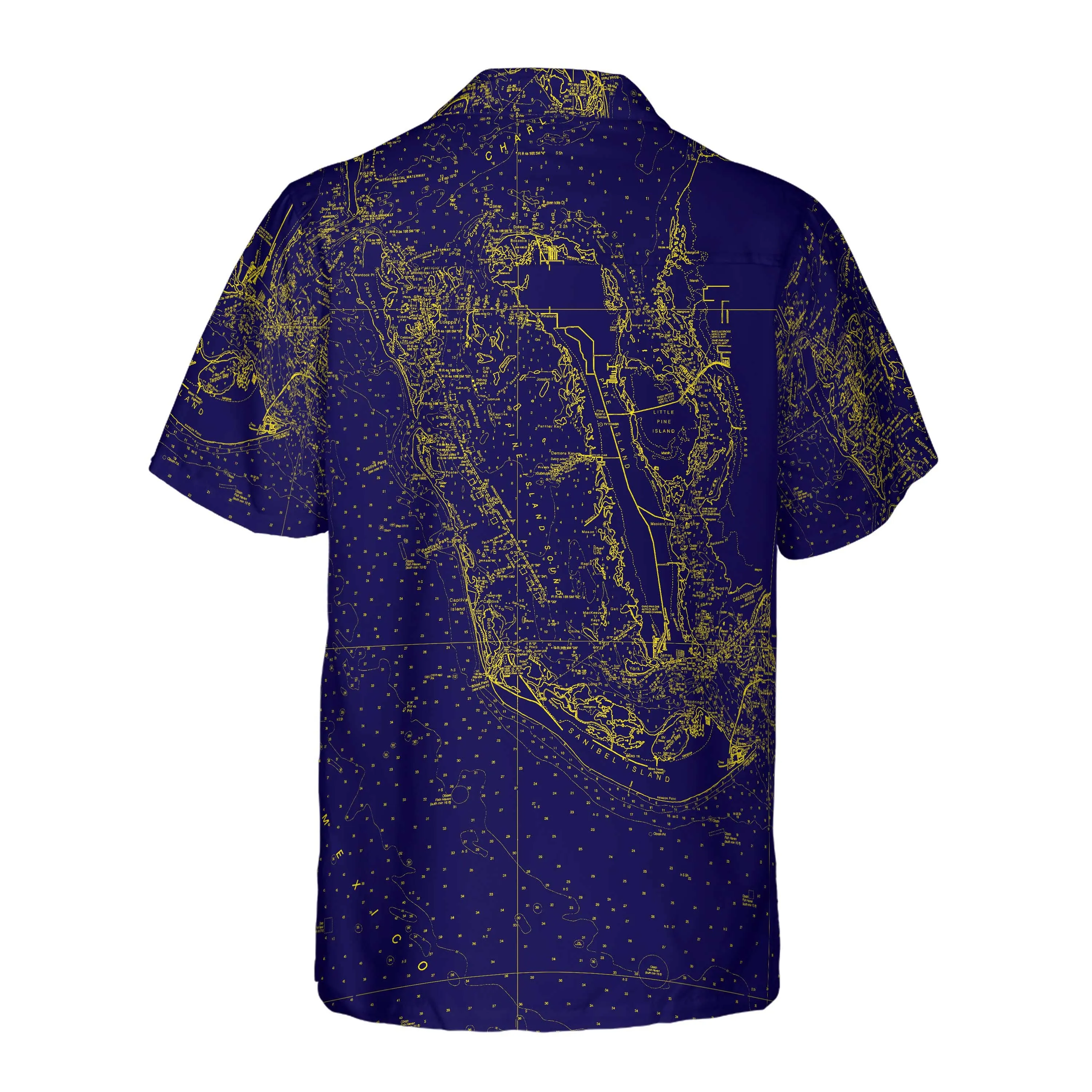 The Blue and Gold Sanibel and Pine Island Sound Coconut Button Camp Shirt
