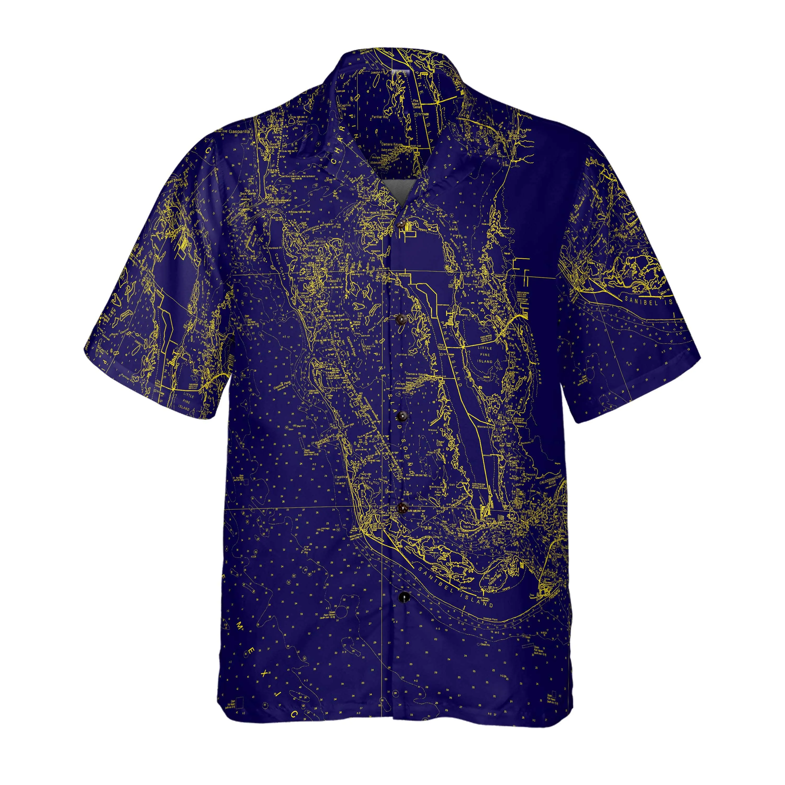 The Blue and Gold Sanibel and Pine Island Sound Coconut Button Camp Shirt