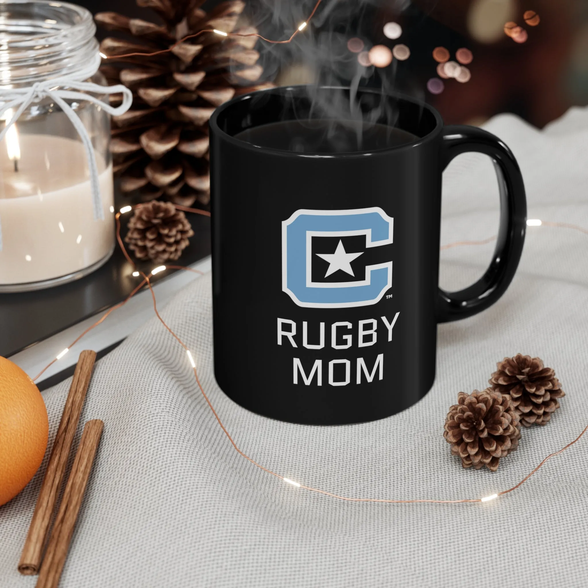 The Citadel Block C Logo, Club Sports Rugby Mom, Black Mug, 11oz