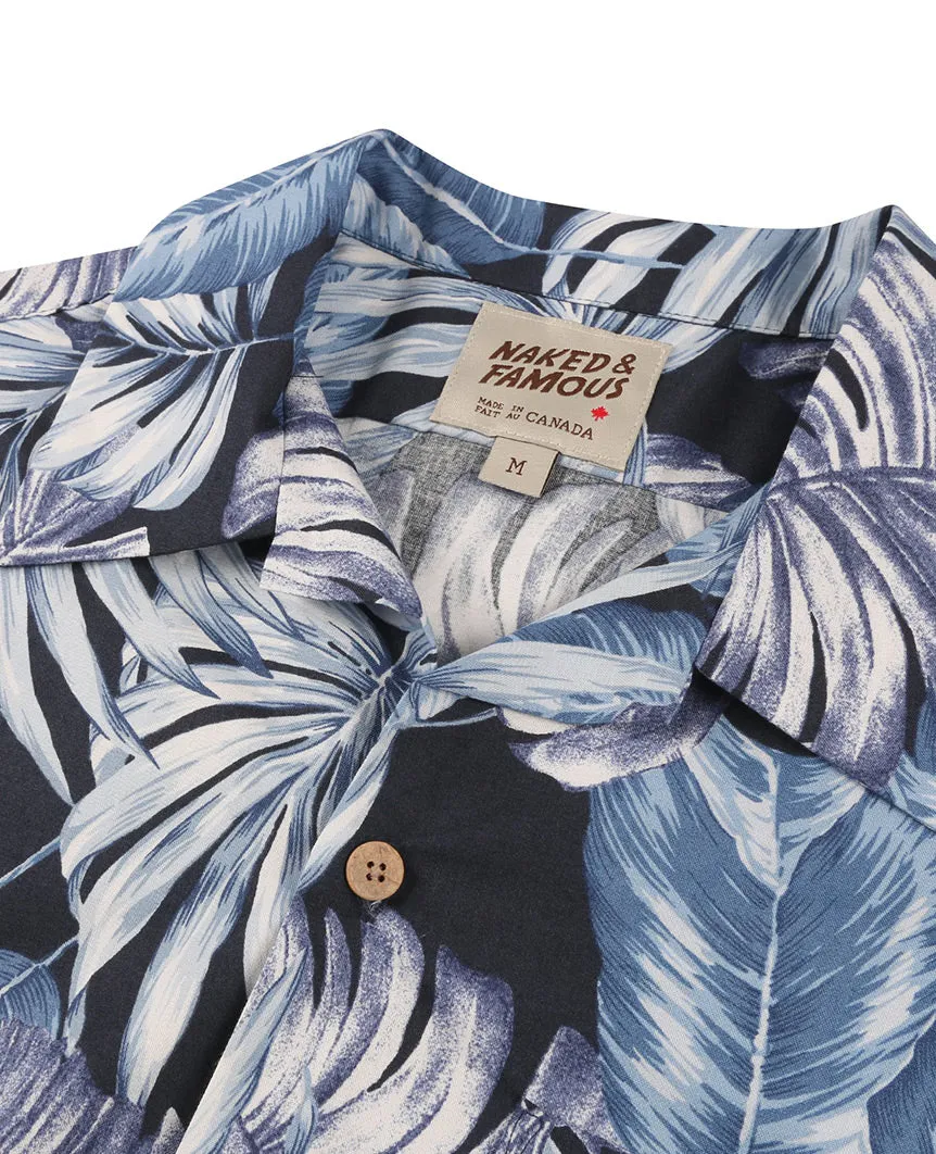 Tropical Leaves Aloha Shirt  Navy