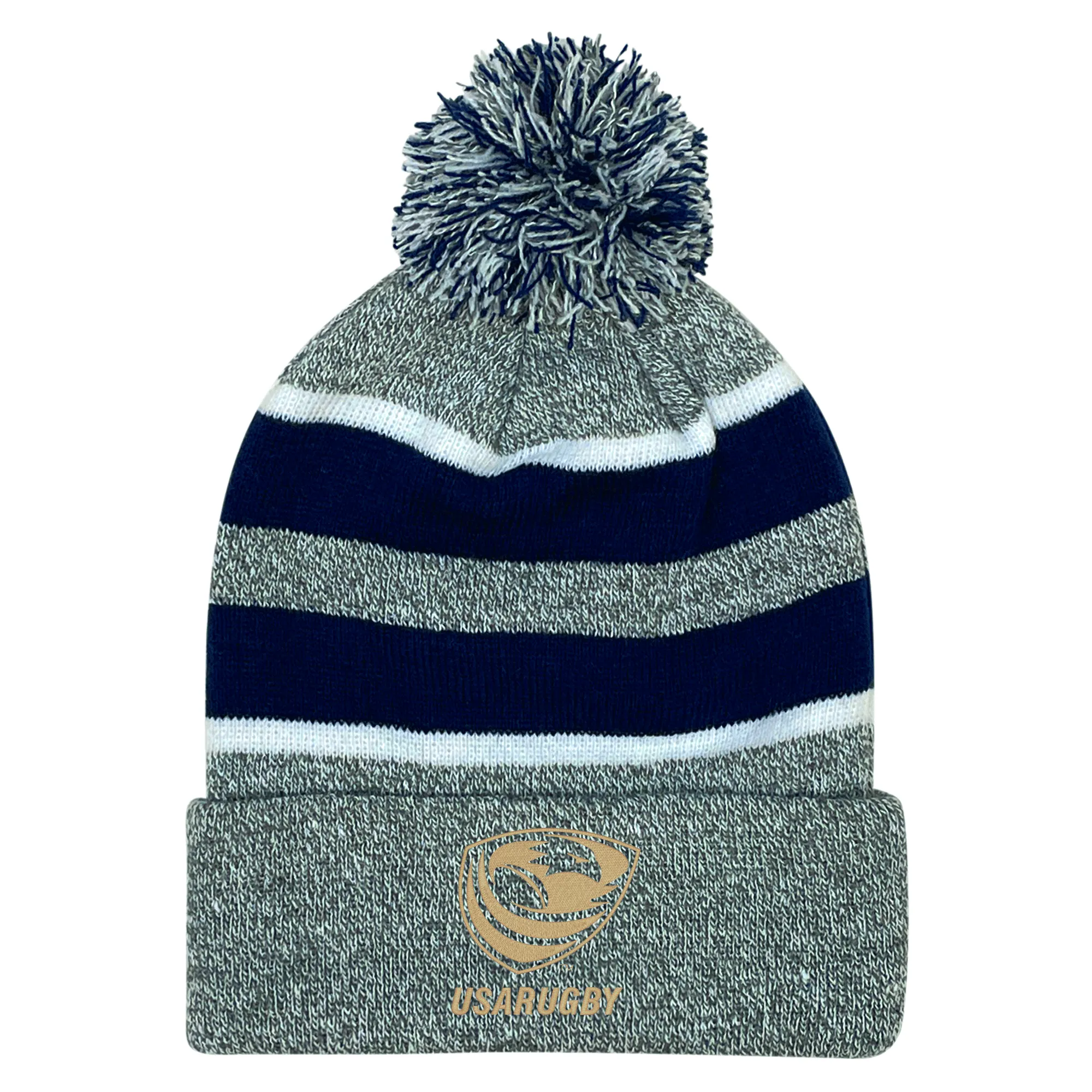 USA Rugby Bronze Hooped Knit Fold Over Pom-Pom Beanie