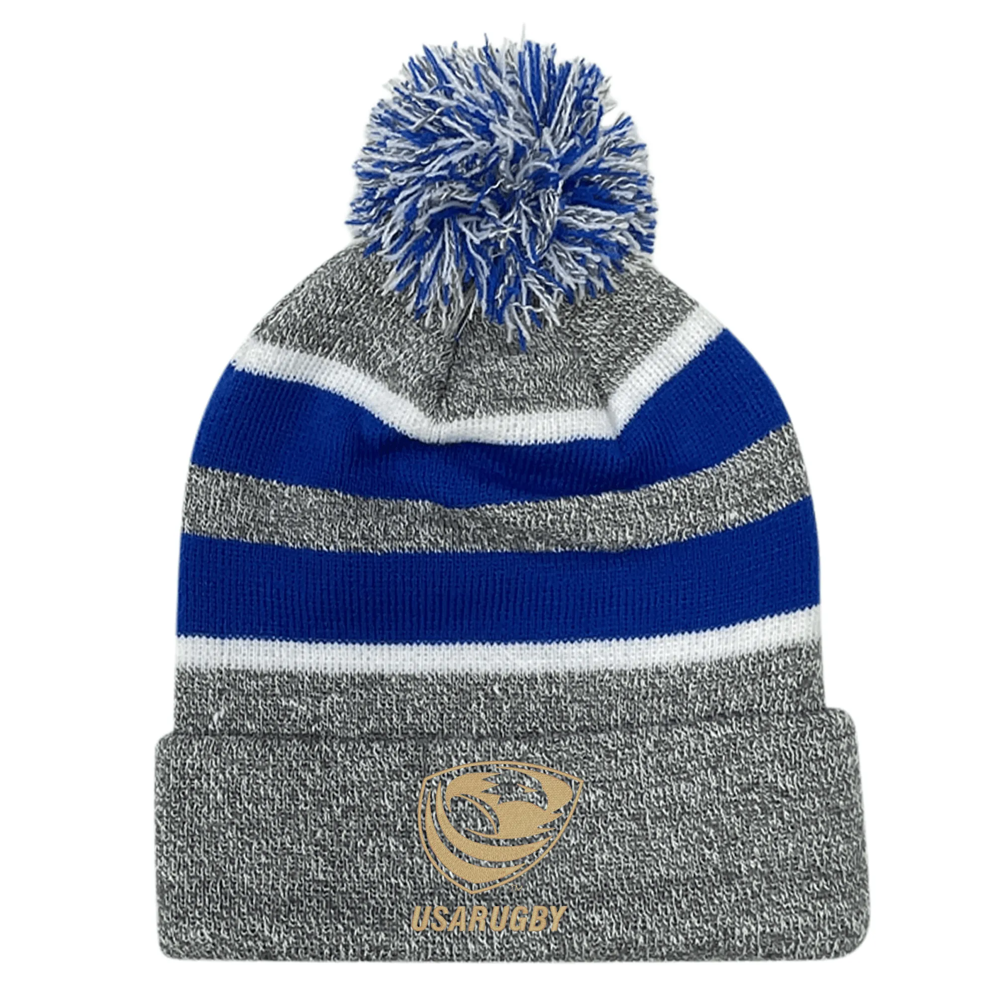 USA Rugby Bronze Hooped Knit Fold Over Pom-Pom Beanie