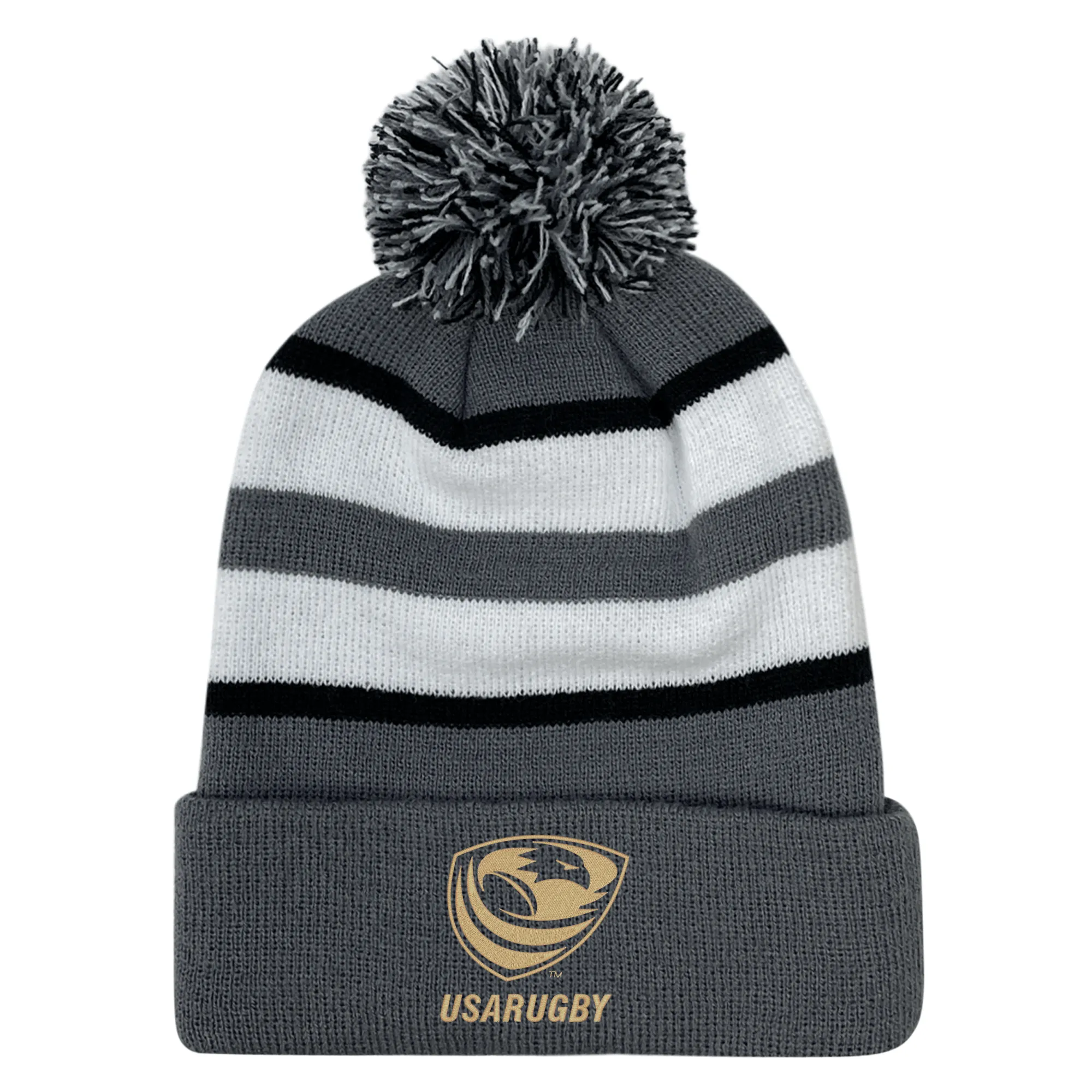 USA Rugby Bronze Hooped Knit Fold Over Pom-Pom Beanie