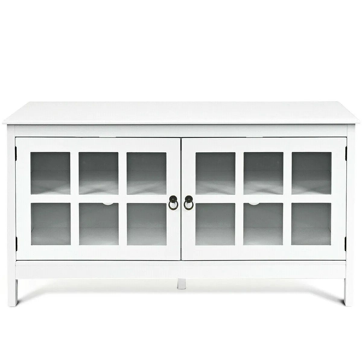White Wood Entertainment Center TV Stand with Glass Panel Doors