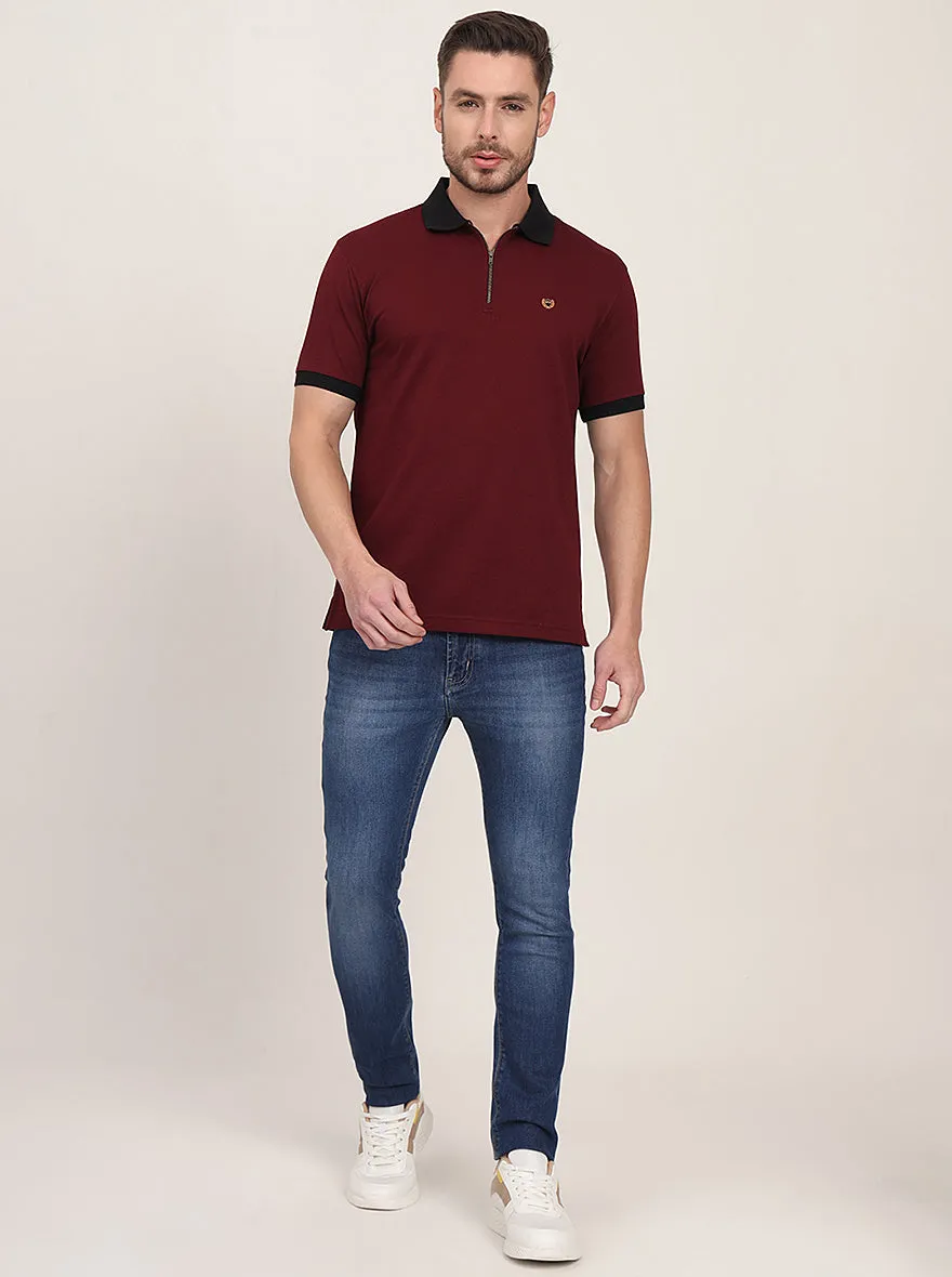 Wine Solid Slim Fit Polo T-Shirt | JadeBlue