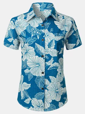 Women's Blue Floral Print Blouse Hawaiian Cotton Beach Summer Aloha Short Sleeve Shirt