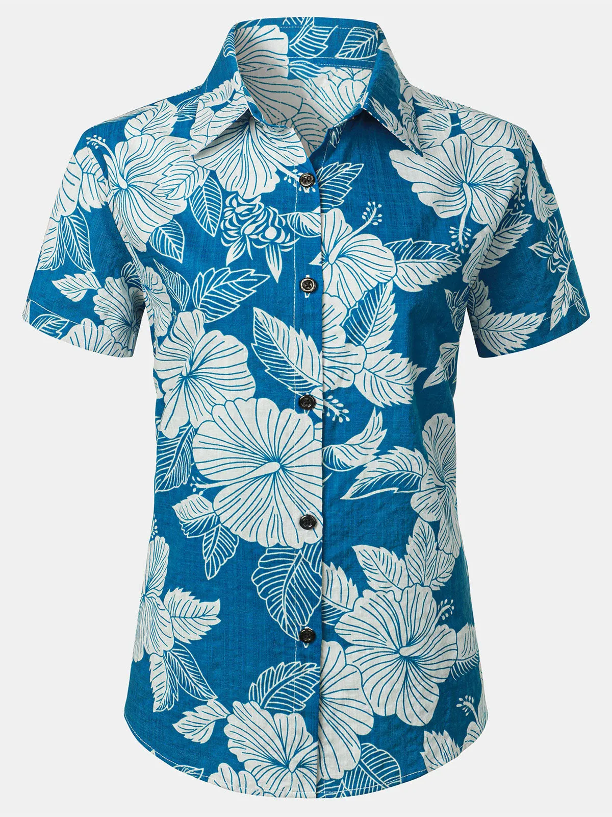Women's Blue Floral Print Blouse Hawaiian Cotton Beach Summer Aloha Short Sleeve Shirt