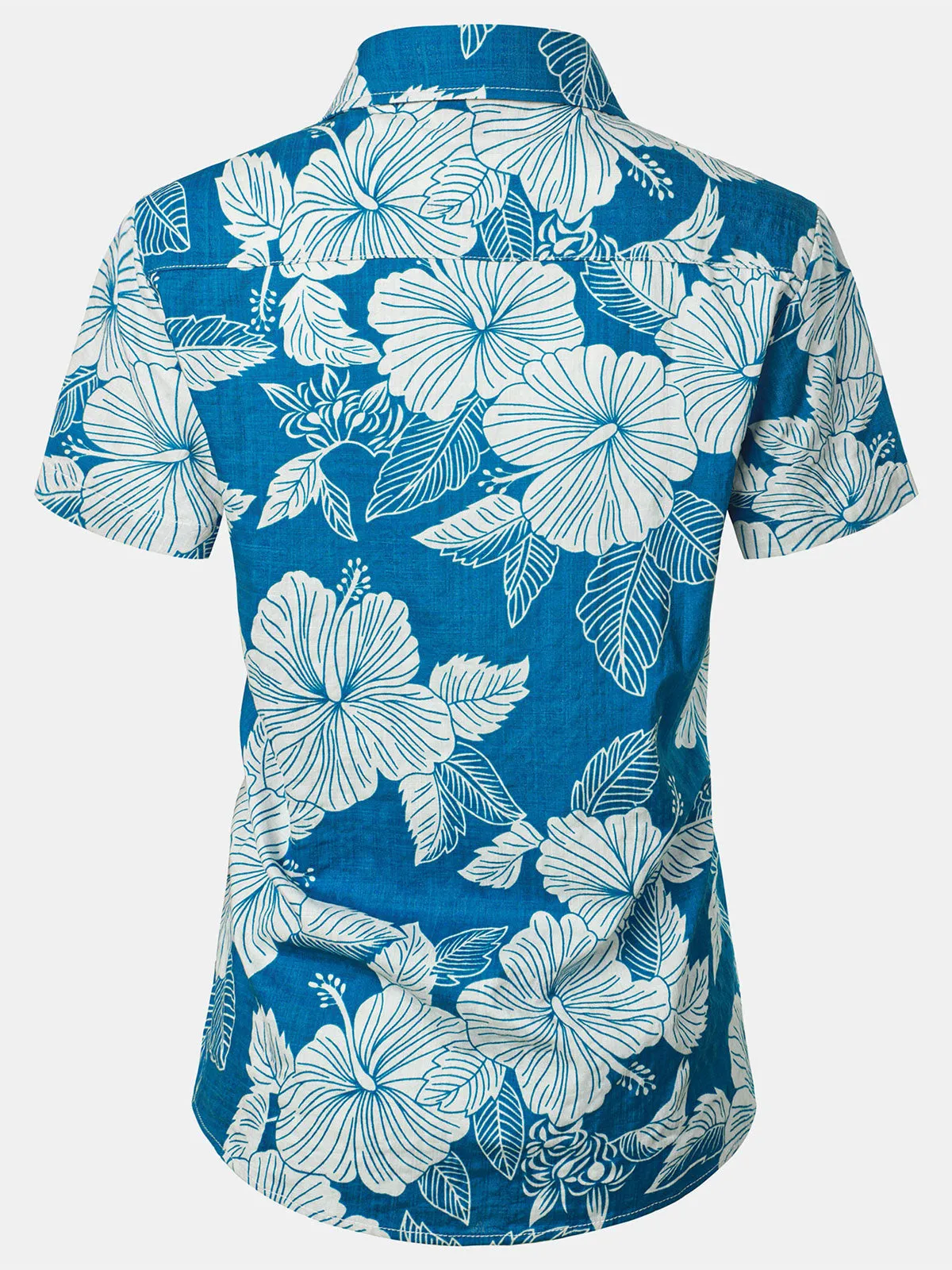 Women's Blue Floral Print Blouse Hawaiian Cotton Beach Summer Aloha Short Sleeve Shirt