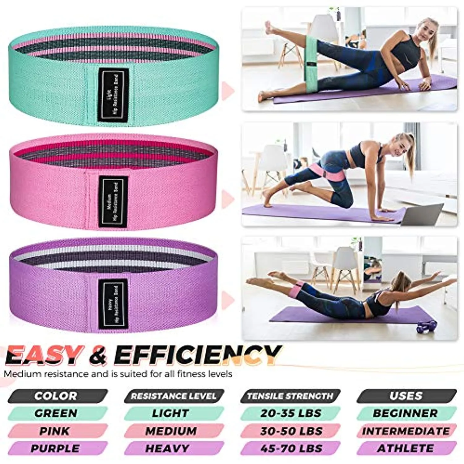 Workout Bands, Resistance Bands for Workout Equipment, 3 Levels Exercise Booty Bands