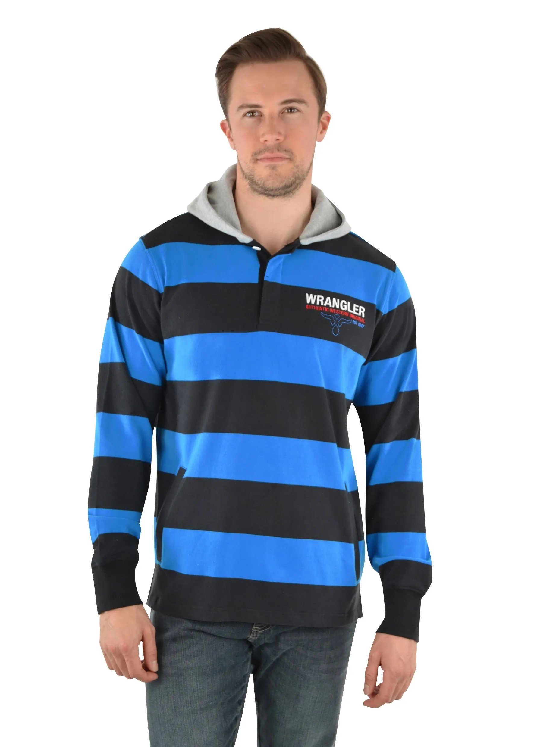 Wrangler Michael Hood Stripe Mens Rugby Black & Royal