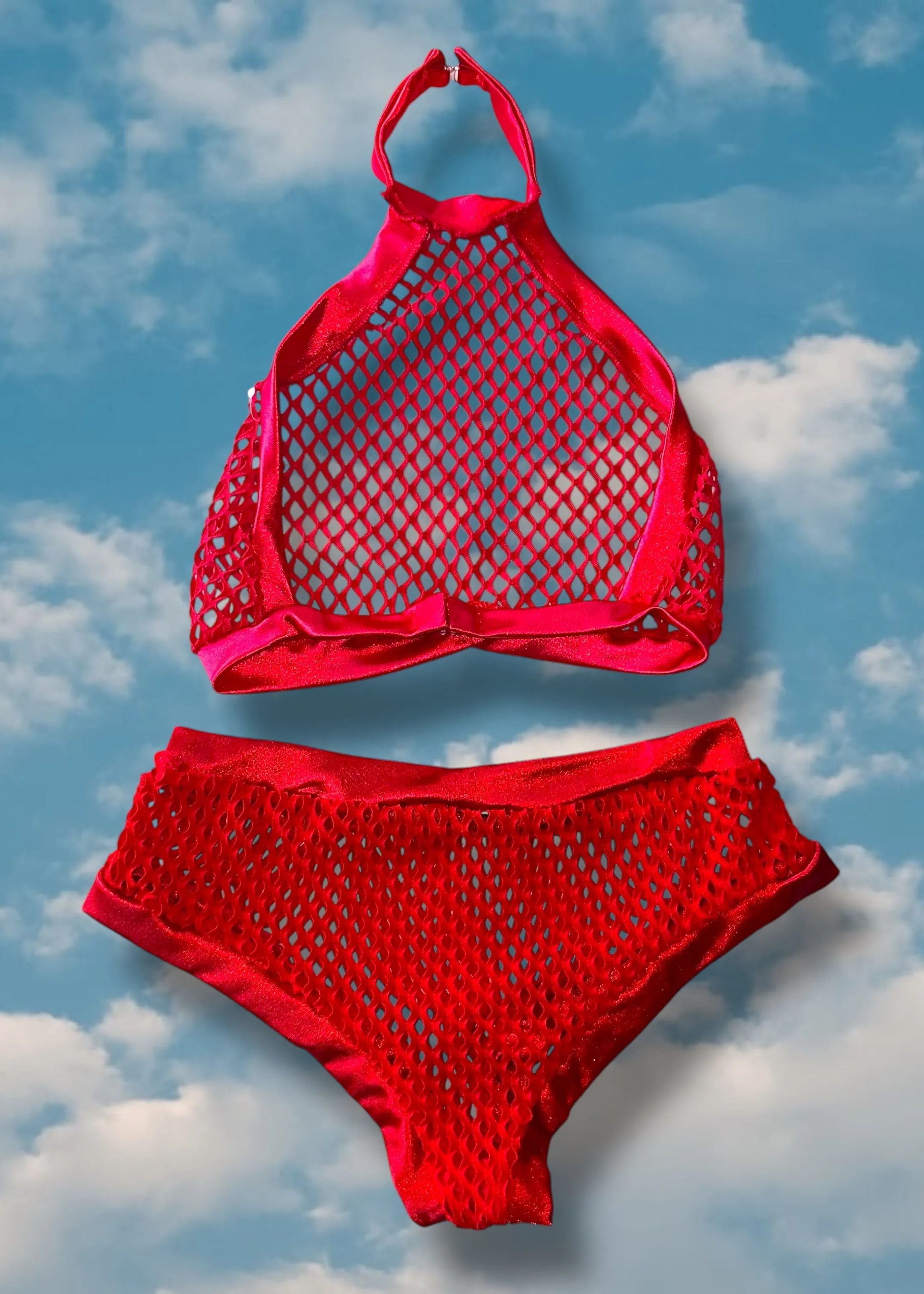 Y2K Sheer Red High-Neck Bra Top & Fishnet Booty-Short Lingerie Set