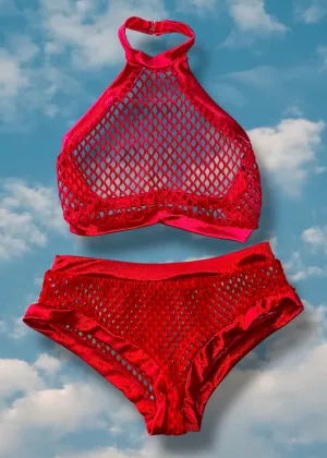 Y2K Sheer Red High-Neck Bra Top & Fishnet Booty-Short Lingerie Set